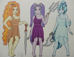 Size: 1200x932 | Tagged: safe, artist:ladynin-chan, adagio dazzle, aria blaze, sonata dusk, fanfic:godzilla reborn, equestria girls, g4, barefoot, clothes, dress, eqg giants, fanfic, fanfic art, feet, godzilla reborn, ponied up, pony ears, simple background, sword, the dazzlings, toga, traditional art, trident, weapon
