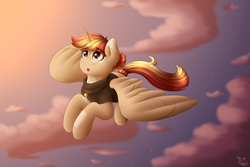 Size: 3000x2000 | Tagged: safe, artist:spirit-dude, oc, oc only, oc:hera, alicorn, pony, alicorn oc, clothes, cloud, commission, female, flying, high res, looking at something, mare, sky, solo, ych result