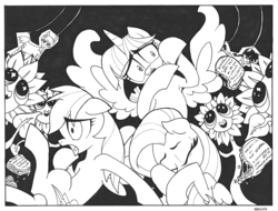 Size: 1575x1200 | Tagged: safe, artist:abronyaccount, fluttershy, rainbow dash, twilight sparkle, alicorn, pegasus, pony, do princesses dream of magic sheep, g4, scare master, armpits, black and white, black background, eyes closed, female, flower, food, grayscale, lineart, mare, monochrome, neon genesis evangelion, nightmare sunflower, open mouth, quesadilla, ranma 1/2, ranma saotome, rei ayanami, simple background, sunflower, they're just so cheesy, twilight sparkle (alicorn), unplanned guests