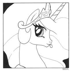 Size: 926x920 | Tagged: safe, artist:abronyaccount, princess celestia, pony, g4, black and white, bust, face, female, grayscale, lineart, majestic as fuck, monochrome, profile, sillestia, silly, silly pony, solo, tongue out