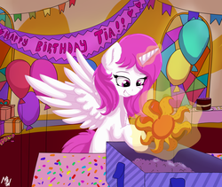 Size: 2723x2300 | Tagged: safe, artist:php80, princess celestia, alicorn, pony, g4, balloon, birthday, cake, celestia day, food, grin, happy, high res, magic, party, pink-mane celestia, smiling, spread wings, telekinesis, wings, younger