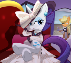 Size: 2400x2120 | Tagged: safe, artist:geraritydevillefort, applejack, rarity, earth pony, pony, unicorn, g4, ppov, butler, clothes, costume, couch, crossed hooves, drink, ear piercing, earring, female, food, glass, high res, hoof hold, jewelry, piercing, raristocrat, rose dewitt bukater, sandwich, titanic, tray, unamused, underhoof