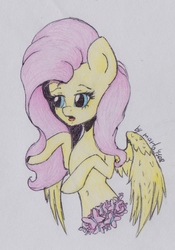 Size: 860x1230 | Tagged: safe, artist:marta4708, fluttershy, butterfly, pegasus, pony, g4, female, simple background, solo, traditional art, white background