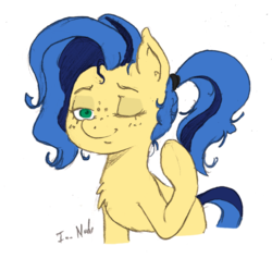 Size: 681x646 | Tagged: source needed, safe, artist:certificate, artist:i am nude, oc, oc only, oc:milky way, earth pony, pony, alternate hairstyle, blushing, colored, female, freckles, mare, one eye closed, ponytail, simple background, solo, white background, wink