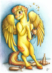 Size: 1024x1444 | Tagged: safe, artist:lupiarts, spitfire, pegasus, pony, g4, alcohol, bipedal, blushing, cutefire, drink, drunk, female, grin, leaning back, mare, smiling, solo, traditional art, unshorn fetlocks