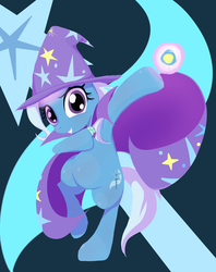 Size: 998x1260 | Tagged: safe, artist:noupu, trixie, pony, g4, abstract background, bipedal, cape, clothes, female, fireball, hat, magic, solo