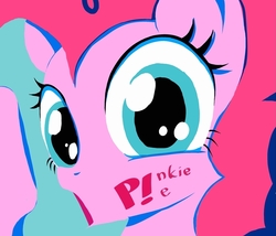 Size: 817x700 | Tagged: safe, artist:noupu, pinkie pie, earth pony, pony, g4, blue background, bust, close-up, female, looking at you, mare, name, open mouth, portrait, simple background, solo