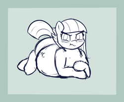 Size: 1162x958 | Tagged: safe, artist:funble, limestone pie, earth pony, pony, blushing, female, limetsun pie, looking at you, lying down, mare, monochrome, pregnant, pregnant limestone, prone, scrunchy face, simple background, solo, tsundere