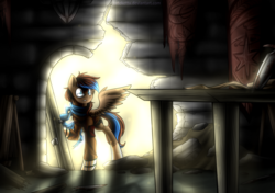 Size: 1700x1200 | Tagged: safe, artist:jadekettu, oc, oc only, oc:playthrough, pegasus, pony, adventure, banner, bone, building, castle, clothes, colored pupils, commission, dagger, door, dungeon, glasses, interior, male, scarf, scroll, solo, spread wings, stallion, sunlight, surprised, table, wall, weapon, wings