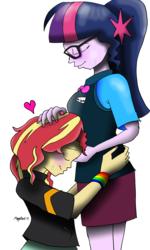Size: 1149x1920 | Tagged: safe, artist:missmayaleanne, sci-twi, sunset shimmer, twilight sparkle, series:sciset diary, equestria girls, g4, blushing, bowtie, bracelet, breasts, clothes, crying, duo, eyes closed, female, gift art, glasses, happy, hug, jacket, jewelry, kneeling, leather jacket, lesbian, magical lesbian spawn, offspring, ponytail, pregnant, ship:sci-twishimmer, ship:sunsetsparkle, shipping, simple background, smiling, tears of joy, transparent background, wristband