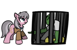 Size: 714x462 | Tagged: safe, artist:neuro, wrangler, oc, oc:anon, earth pony, human, pony, fluttershy leans in, g4, my little pony: friendship is magic, anonabuse, boop denied, cage, clothes, female, frown, glare, male, mare, no boop, reaching, simple background, sitting, transparent background