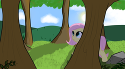 Size: 1280x706 | Tagged: safe, artist:neuro, fluttershy, pegasus, pony, g4, female, mare, outdoors, solo, tree