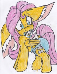 Size: 2450x3173 | Tagged: safe, artist:cuddlelamb, fluttershy, pony, g4, diaper, equal cutie mark, equalized, female, high res, non-baby in diaper, pacifier, simple background, solo, traditional art