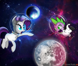 Size: 1300x1100 | Tagged: safe, artist:lennonblack, rarity, spike, dragon, pony, g4, astronaut, gravity (movie), mare in the moon, moon, space, space helmet, spacesuit