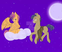 Size: 1024x865 | Tagged: safe, artist:uniquecolorchaos, scootaloo, oc, oc:onyx, pony, g4, canon x oc, cloud, female, flying, male, mare, moon, night, older, stallion, watermark