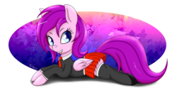 Size: 2200x1155 | Tagged: safe, artist:canister, oc, oc only, oc:tess twister, pegasus, pony, clothes, cute, herm, intersex, looking back, ocbetes, open mouth, open smile, pleated skirt, prone, simple background, skirt, smiling, solo, stockings, thigh highs, transparent background