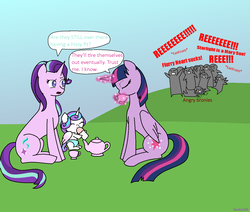 Size: 1280x1084 | Tagged: safe, artist:hayley566, princess flurry heart, starlight glimmer, twilight sparkle, alicorn, human, pony, unicorn, g4, baby bottle, drama, drama drama, female, flurry heart drama, flurry heart drama drama, food, funny, magic, mare, meta, metadrama, reeee, sitting, starlight drama, starlight drama drama, tea, twilight sparkle (alicorn)