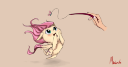 Size: 1700x900 | Tagged: safe, artist:miokomata, fluttershy, human, pegasus, pony, g4, behaving like a cat, cat toy, cute, duo, fluttercat, hand, happy, hnnng, jumping, looking at something, looking up, midair, shyabetes, simple background, smiling