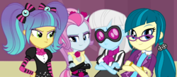 Size: 828x360 | Tagged: safe, artist:3d4d, artist:pink1ejack, edit, edited screencap, screencap, juniper montage, photo finish, pixel pizazz, violet blurr, equestria girls, g4, my little pony equestria girls: rainbow rocks, bracelet, clothes, crossed arms, glasses, sunglasses, the snapshots