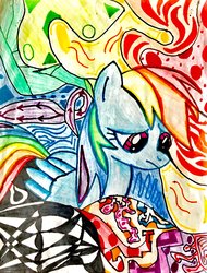 Size: 1024x1346 | Tagged: safe, artist:project-parallel, rainbow dash, pony, g4, abstract background, female, sad, solo, traditional art