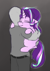 Size: 2389x3407 | Tagged: safe, artist:duop-qoub, starlight glimmer, oc, oc:anon, human, pony, unicorn, g4, cute, eyes closed, female, floppy ears, fluffy, glimmerbetes, gray background, hand on butt, high res, holding a pony, hug, mare, simple background, smiling
