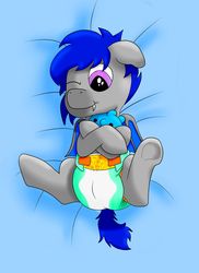 Size: 2403x3303 | Tagged: safe, artist:wittleskaj, oc, oc only, oc:comet stargazer, bat pony, pony, baby, baby pony, colt, diaper, foal, high res, lying down, male, on back, plushie, simple background, solo