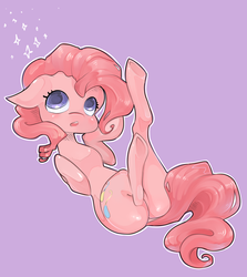 Size: 800x897 | Tagged: dead source, safe, artist:misukitty, pinkie pie, earth pony, pony, g4, butt, female, looking up, mare, on back, plot, simple background, solo, underhoof