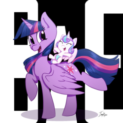 Size: 1024x1024 | Tagged: safe, artist:imaplatypus, princess flurry heart, twilight sparkle, alicorn, pony, g4, auntie twilight, baby, diaper, duo, female, flurry heart riding twilight, foal, mare, ponies riding ponies, riding, twilight is bae, twilight sparkle (alicorn)
