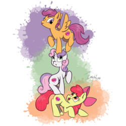 Size: 1024x1024 | Tagged: safe, artist:imaplatypus, apple bloom, scootaloo, sweetie belle, earth pony, pegasus, pony, unicorn, g4, cutie mark, cutie mark crusaders, female, filly, mare, the cmc's cutie marks, tower of pony, trio