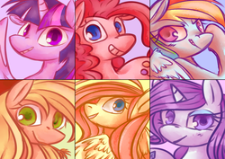 Size: 4092x2893 | Tagged: safe, artist:wolfchen999, applejack, fluttershy, pinkie pie, rainbow dash, rarity, twilight sparkle, alicorn, earth pony, pegasus, pony, unicorn, g4, female, high res, looking at you, mane six, mare, smiling, twilight sparkle (alicorn)