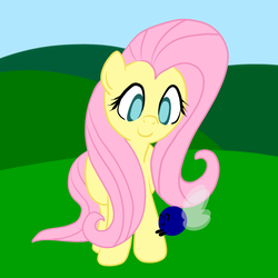 Size: 1000x1000 | Tagged: safe, artist:bennimarru, fluttershy, parasprite, pony, g4, female, looking at something, looking down, smiling, solo, standing