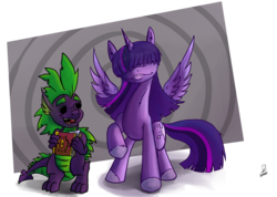 Size: 4590x3270 | Tagged: safe, artist:dinodraketakethecake, spike, twilight sparkle, alicorn, dragon, pony, g4, book, duo, gorillaz, hair covering face, high res, open mouth, raised hoof, spellbook, twilight sparkle (alicorn)