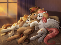 Size: 1200x900 | Tagged: safe, artist:scheadar, oc, oc only, oc:caroline sunshine, oc:djizzy, oc:keman, pegasus, pony, unicorn, bed, blushing, butt, caroman, cuddling, eyelashes, female, floppy ears, hay, kezzy, lucky bastard, male, mare, on bed, one eye closed, plot, polyamory, shipping, stallion, underhoof, window