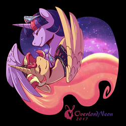 Size: 2500x2500 | Tagged: safe, artist:overlordneon, sunset shimmer, twilight sparkle, alicorn, pony, g4, alicornified, crown, duo, eyes closed, female, high res, jewelry, lesbian, mare, necklace, race swap, regalia, shimmercorn, ship:sunsetsparkle, shipping, smiling, twilight sparkle (alicorn)