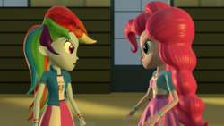 Size: 1920x1080 | Tagged: safe, artist:razethebeast, pinkie pie, rainbow dash, equestria girls, g4, 3d, angry, argument, balloon, bracelet, clothes, duo, jewelry, looking at each other, skirt, source filmmaker, wristband