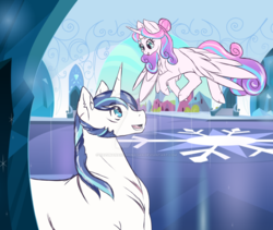 Size: 1024x865 | Tagged: safe, artist:uniquecolorchaos, princess flurry heart, alicorn, pony, unicorn, g4, father and daughter, female, filly, flying, looking at each other, male, older, stallion, watermark