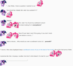 Size: 844x762 | Tagged: safe, artist:dziadek1990, pinkie pie, twilight sparkle, g4, applejack truck, cardboard twilight, conversation, dialogue, emote story, emotes, public service announcement, reddit, reference, slice of life, text