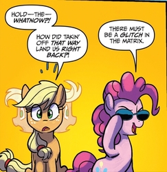 Size: 409x421 | Tagged: safe, artist:tonyfleecs, idw, official comic, applejack, pinkie pie, pony, from the shadows, g4, spoiler:comic, spoiler:comic53, confused, cropped, deja vu, duo, error, female, glitch, hatless, mare, missing accessory, neo, reference, simple background, speech bubble, sunglasses, the matrix, time loop, yellow background