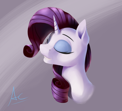 Size: 1600x1455 | Tagged: safe, artist:ac-whiteraven, rarity, pony, unicorn, g4, bust, eyes closed, eyeshadow, female, makeup, mare, portrait, signature, smiling, solo