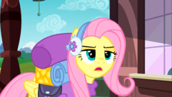 Size: 1366x768 | Tagged: safe, screencap, fluttershy, pegasus, pony, dungeons and discords, g4, my little pony: friendship is magic, annoyed, female, mare, solo