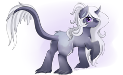 Size: 2894x1764 | Tagged: safe, artist:pridark, oc, oc only, oc:evelyn hollow, classical unicorn, pony, unicorn, butt, female, horn, leonine tail, looking at you, looking back, mare, plot, raised hoof, simple background, solo, unshorn fetlocks