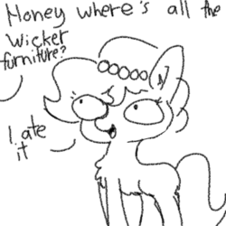 Size: 1280x1280 | Tagged: safe, artist:tjpones, oc, oc only, oc:brownie bun, earth pony, pony, horse wife, black and white, chest fluff, cute, dialogue, doodle, ear fluff, grayscale, monochrome, ocbetes, offscreen character, simple background, solo, white background