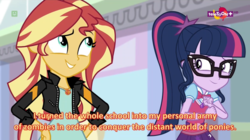Size: 1366x765 | Tagged: safe, screencap, sci-twi, sunset shimmer, twilight sparkle, equestria girls, equestria girls specials, g4, mirror magic, confession, geode of empathy, geode of telekinesis, glasses, magical geodes, subtitles, teletoon