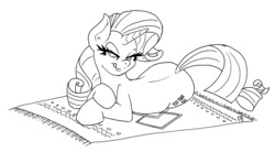 Size: 1280x705 | Tagged: safe, artist:dimvitrarius, rarity, pony, unicorn, g4, bedroom eyes, cutie mark, female, licking, licking lips, looking at you, lying down, monochrome, rug, simple background, solo, tongue out, white background