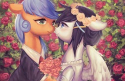 Size: 960x623 | Tagged: artist needed, source needed, safe, oc, oc only, oc:lan wu, oc:文毛, pony, female, flower, lesbian, looking at each other, marriage, wedding