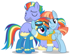 Size: 6574x5225 | Tagged: safe, artist:timeymarey007, bow hothoof, rainbow dash, windy whistles, pegasus, pony, g4, parental glideance, .svg available, absurd resolution, clothes, cute, female, goggles, hug, male, mare, rainbow dash's parents, ship:windyhoof, simple background, stallion, transparent background, uniform, vector, wonderbolts uniform