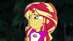 Size: 1280x720 | Tagged: safe, screencap, sunset shimmer, equestria girls, g4, my little pony equestria girls: legend of everfree, camp everfree outfits, clothes, female, night, scenery, solo, tree