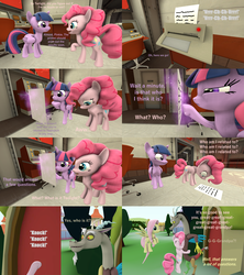 Size: 3840x4320 | Tagged: safe, artist:red4567, discord, fluttershy, pinkie pie, twilight sparkle, alicorn, pony, g4, 3d, absurd resolution, comic, dialogue, genetics, hug, paper, printer, source filmmaker, this explains everything, twilight sparkle (alicorn)