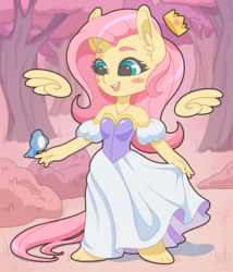 Size: 3600x4200 | Tagged: safe, artist:fawness, fluttershy, anthro, plantigrade anthro, g4, barefoot, blush sticker, blushing, chibi, clothes, crown, cute, disney princess, dress, feet, female, floating wings, forest, high res, jewelry, pastel, puffy sleeves, regalia, shyabetes, solo