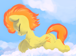 Size: 5000x3692 | Tagged: safe, artist:dimfann, artist:yoditax, spitfire, pegasus, pony, g4, absurd resolution, alternate hairstyle, bright, butt, cloud, collaboration, cute, cutefire, dock, eyes closed, female, firebutt, folded wings, mare, painting, plot, profile, prone, smiling, solo, underhoof